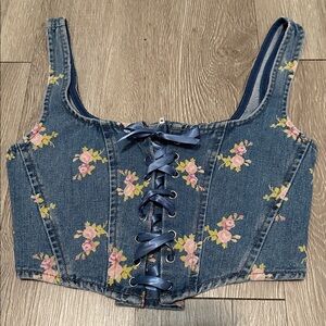 Dotti Denim Top with Floral Accents